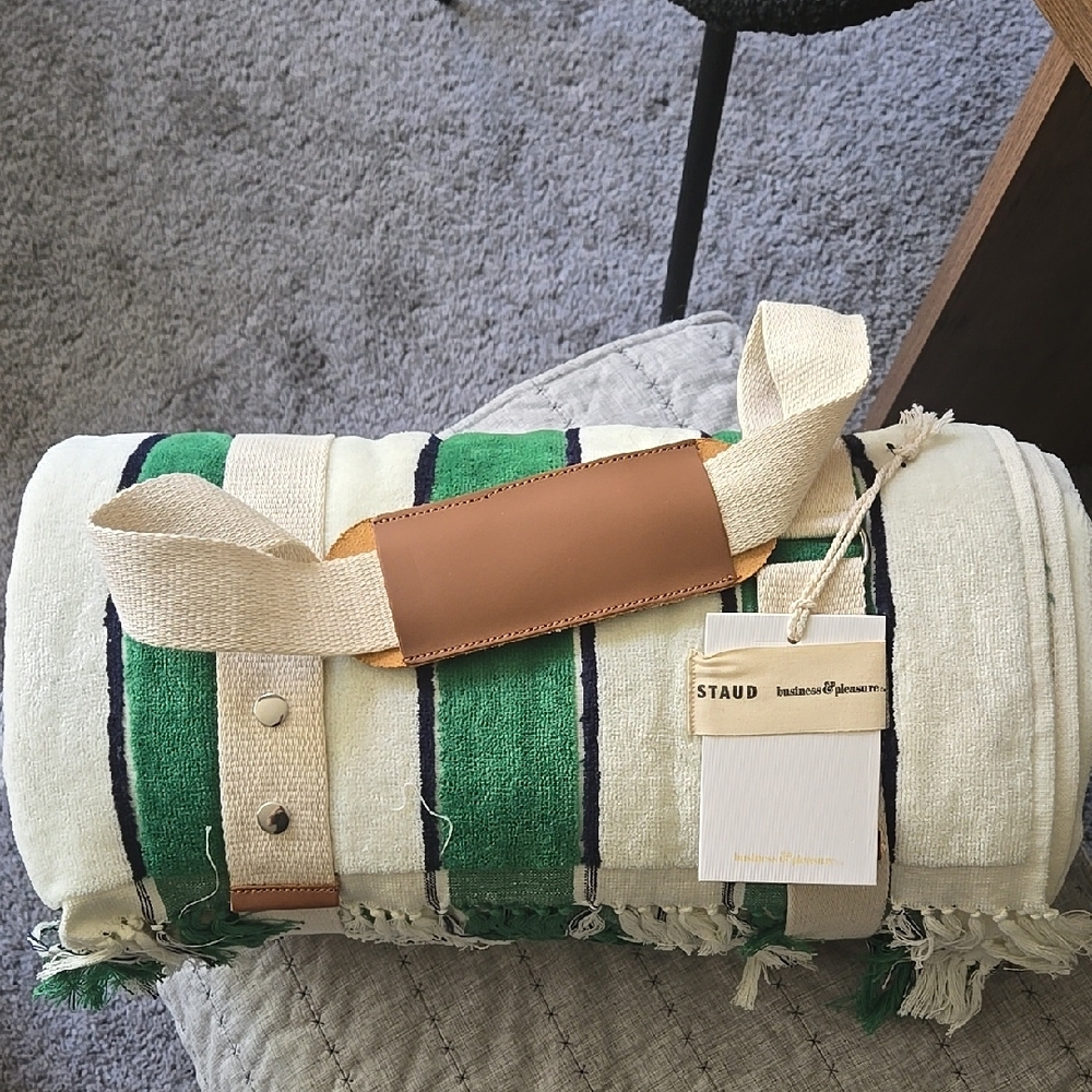 Staud Green and Cream Striped Blanket with Leather Strap